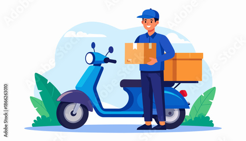 Professional courier on a scooter delivering a package, embodying efficient and quick urban delivery services for modern e-commerce and reliable logistics