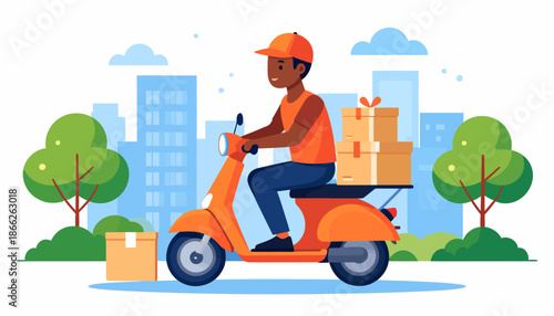 Efficient urban delivery service A smiling young man on an orange scooter swiftly transports packages through the city, symbolizing modern e-commerce and fast logistics