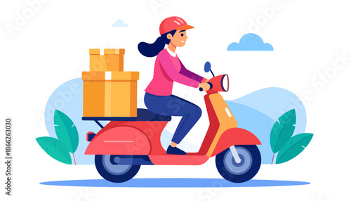Smiling young woman courier riding a red scooter delivering online orders, parcels, and packages. Efficient and fast express delivery service for e-commerce and logistics