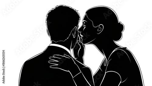 Couple Embracing and Kissing in a Tender Moment, Illustrated in Silhouette