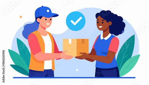 Delivery service - woman hands package to happy customer with check mark indicating successful delivery and service completion