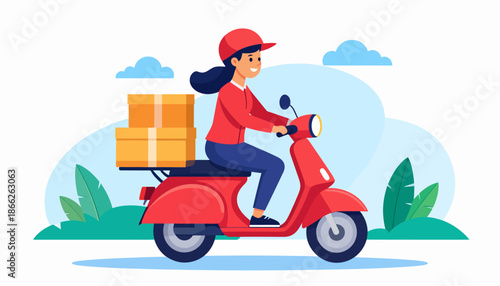 Illustration of a smiling delivery person riding a red scooter loaded with packages, conveying efficient and timely delivery services