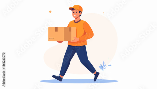 Delivery Man Walking With Package, Express Shipping Service, Courier Person Carrying Box
