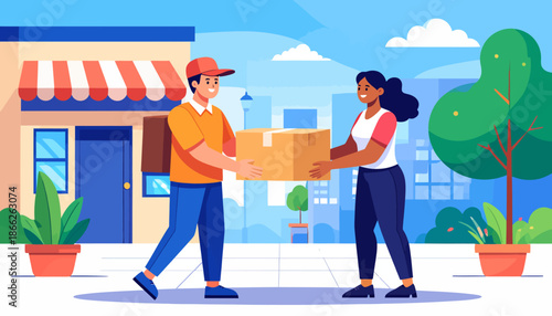 Delivery person handing a package to a customer outside a shop with trees and buildings in the background