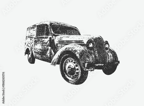 Close-up of turquoise vintage car body with peeling paint and rust texture, Large Grain Photocopy Effect, for grunge punk y2k collage design