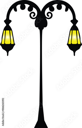 Classic victorian style antique street lamp post vector artwork with detailed retro design isolated for editorial architectural and decorative use