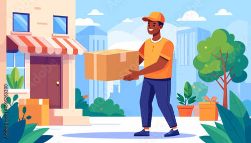 Delivery man carrying a package outside a building, providing express shipping services for customers