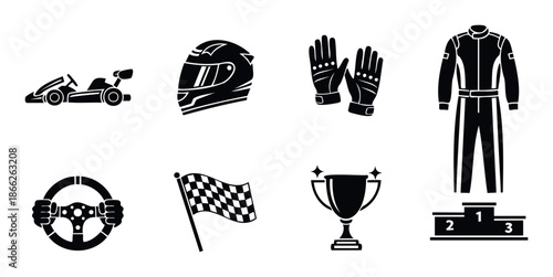 Essential karting and motorsports racing equipment and symbols vector set, ideal for graphic design projects related to competition, speed, and winning.