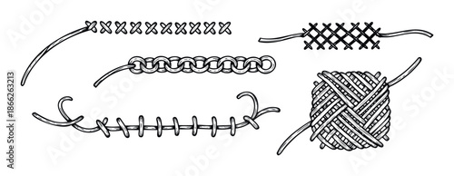 Explore diverse handdrawn sewing stitches and weaving techniques, perfect for textile design education, craft project instructions, or DIY guides and fabric creation templates