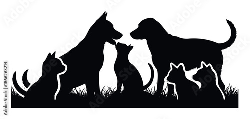 Black silhouette of dogs and cats standing together in grass, symbolizing pet companionship and interspecies friendship, ideal for animal welfare organizations and veterinary services