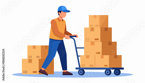 Delivery person with a cart full of cardboard boxes, transporting packages for logistics and shipping services