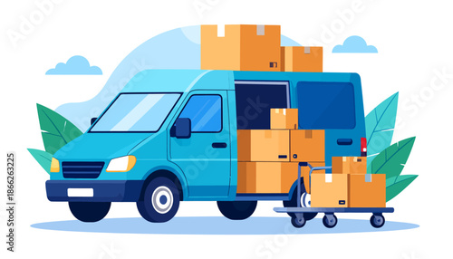 Blue delivery van loaded with boxes on a trolley, illustrating logistics and shipping services