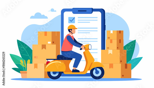 Delivery man on a scooter with packages and checklist on screen