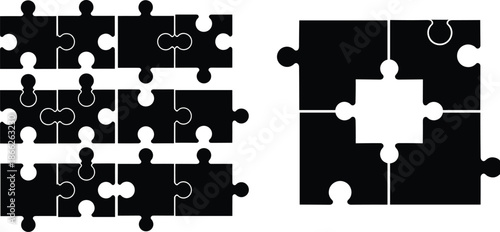 Black jigsaw puzzle piece silhouette vector set, interlocking game elements and separate parts collection, problem solving logic icons for business teamwork strategy concept.