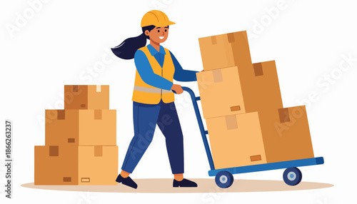 Illustration of a person pushing a trolley laden with cardboard boxes, depicting logistics and delivery services