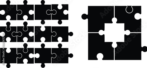 Black jigsaw puzzle piece silhouette vector set, interlocking game elements and separate parts collection, problem solving logic icons for business teamwork strategy concept.
