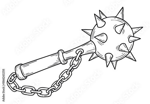 A robust medieval weapon featuring a spiked ball and heavy chain connected to a solid handle, ideal for historical warfare themes, gaming assets, or decorative graphic projects.