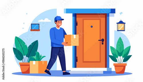 Delivery Person Delivering a Package to a Doorstep with Plants on the Sides