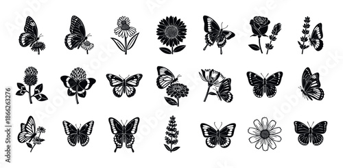 A collection of delicate butterfly and flower silhouettes captured in various poses, offering natural beauty for event invitations, scrapbooking, and stationery items