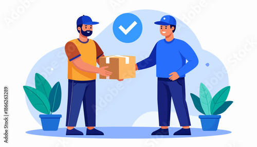 Delivery confirmation with a handshake between a courier and a customer, symbolizing secure and successful package transfer
