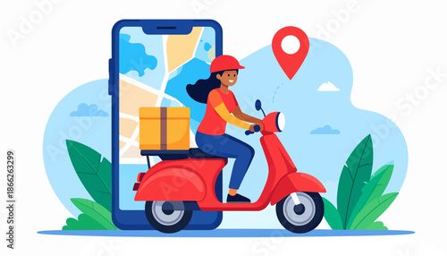 Delivery person on scooter with package, navigating using a smartphone map for efficient logistics and timely service