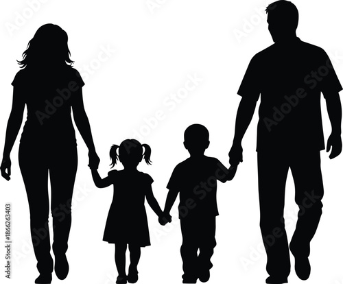 Black silhouette of a happy family holding hands and walking together, including mother, father, daughter, and son, isolated on white background vector.