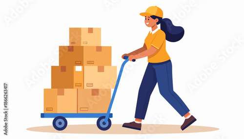 Delivery person pushing a cart full of packages, illustrating logistics and e-commerce services