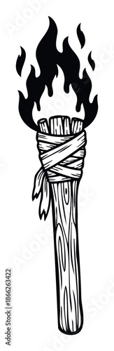 A stylized primitive torch emitting solid black flames, suitable for gaming assets, adventure themes, historical symbolism, or survivalrelated graphic representations.