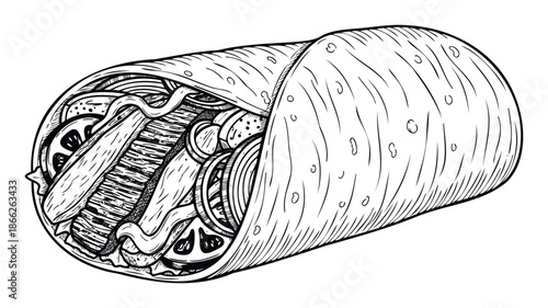 Engraved monochrome depiction of a savory tortilla wrap brimming with fresh salad and grilled chicken, suitable for fast food advertisements, recipe books, or food service promotions.