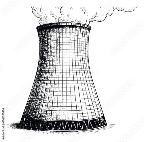 Monochrome drawing of a large industrial cooling tower releasing steam into the atmosphere, ideal for illustrating modern energy production and infrastructure.
