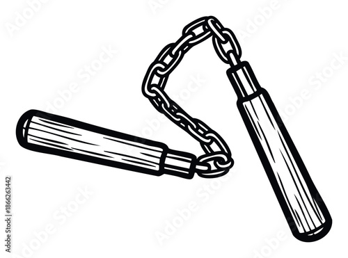 Dynamic nunchaku weapon used in martial arts training and combat sports, perfect for representing traditional fighting equipment and selfdefense concepts.