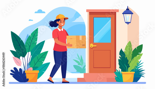 Delivery Person Carrying Package to Doorstep with Plants and Lamp