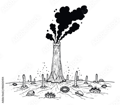 Black and white drawing of a deep sea hydrothermal vent chimney spewing dark smoke amidst various marine organisms on the ocean floor, suitable for scientific and ecological educational