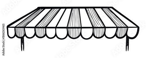 Vintage inspired handdrawn black and white striped awning canopy with a scalloped edge offering shade for a charming shop front or an inviting outdoor market stall entrance