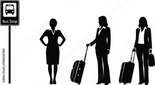 Black silhouette of business women with suitcases waiting at bus stop vector, female travelers with luggage, public transport commute icons for travel.