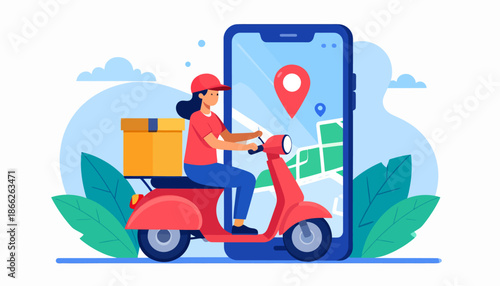 Delivery person riding a scooter with a package in front of a smartphone displaying a map of the city and routes
