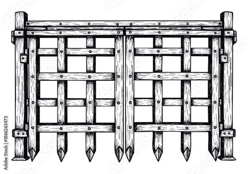 Rustic wooden fence structure in woodcut style providing a historical or vintage barrier visual for various graphic projects and decorative applications