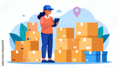 Delivery person with tablet checking inventory of stacked cardboard boxes and packages, logistics and shipping concept