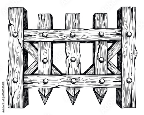 Heavy wooden medieval gate or palisade segment featuring sturdy planks, pointed defensive stakes, and large metal rivets, perfect for game assets, historical themes, or rustic graphic
