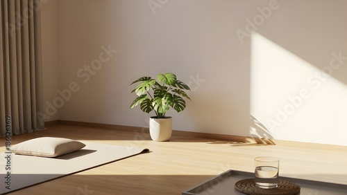 Minimalist Yoga and Meditation Space with Natural Light and Indoor Plant