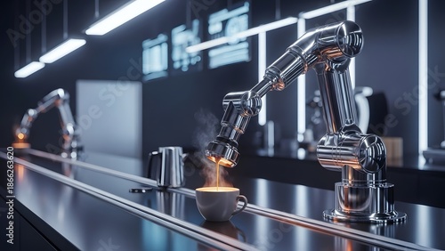 Futuristic robotic arm working in an automated bar