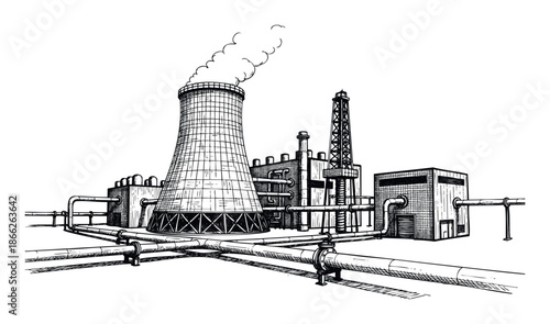 Handdrawn industrial complex showcasing a factory with a large cooling tower, an oil rig, and extensive pipelines, ideal for illustrating energy production and heavy industry themes.