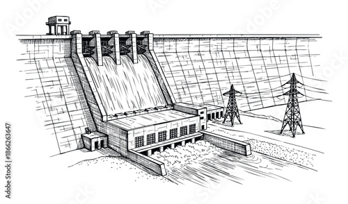 Dynamic perspective of a large hydroelectric power facility depicting the impressive dam, active water spillways, robust power station building, and towering electricity transmission