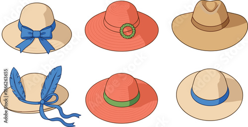Summer hat collection featuring flat vector designs of wide brim straw hats and fedoras with decorative blue ribbons feathers and green bands.