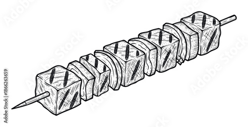 Classic black and white line drawing of a delicious barbecued shish kebab, ideal for food advertisements, cook books, or promotional materials seeking a vintage culinary feel.