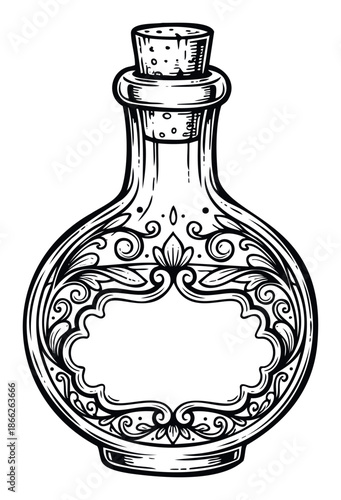 Ornate potion bottle with a cork stopper and an elaborate scrollwork label, perfect for mystical game assets, magical book covers, spiritual branding, or whimsical fantasy designs.