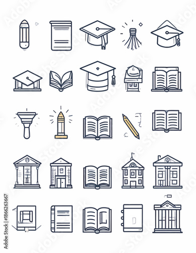Set of educational icons with books, graduation caps, buildings, and pencils representing learning and academic achievement