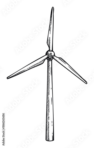This hand drawn wind turbine represents ecofriendly renewable energy and sustainability, perfect for environmental projects and green technology advertisements.