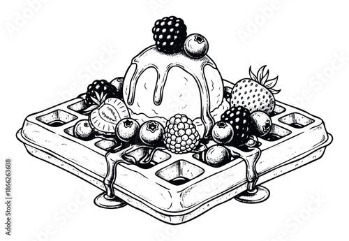 Delicious waffle dessert featuring a scoop of melting ice cream, fresh berries, and sweet syrup, perfect for menus or foodrelated publications.
