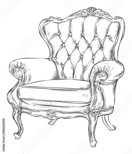 Elegant upholstered tufted armchair with classic carved wooden frame perfect for interior design, luxury decor, or furniture store promotions